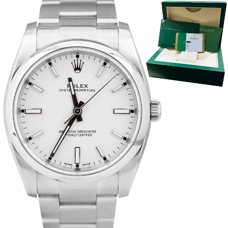 Vintage Pocket Watches-2018 Rolex Oyster Perpetual White Stainless Steel 34mm Watch 114200 BOX PAPERS