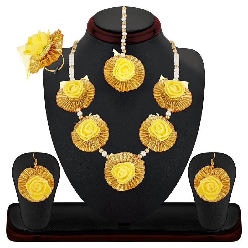 Colorful Gemstone Necklaces-Mahi Gotta Patti Yellow Floret Pearl Jewellery Set Combo