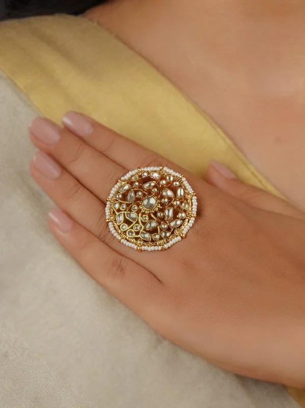 Stackable Diamond Rings-White Color Gold Plated Jadau Kundan Ring - MRNG159YA