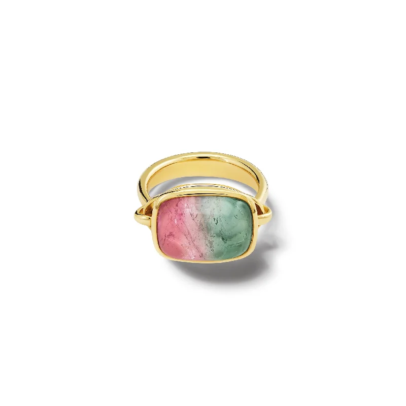 Birthstone Engagement Rings-Baguette Ring 18ct Yellow Gold - Cabochon Watermelon Tourmaline