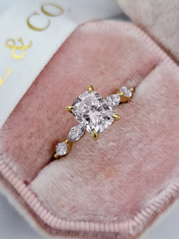 Dainty Engagement Rings-2.15 Carats Lab Grown Cushion Cut with Marquise Side Stones Hidden Halo Diamond Engagement Ring