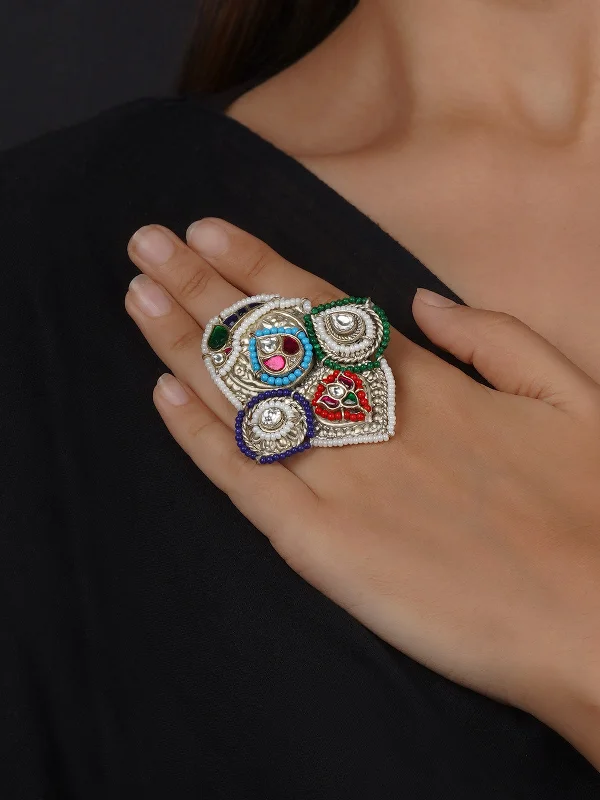 Colored Gemstone Rings-Multicolor Silver Plated Tribal Ring - EK-SFRNG156MD