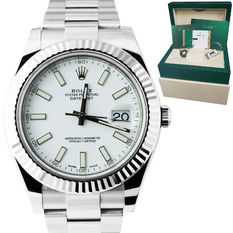 Waterproof Sports Watches-Rolex DateJust II 41mm White 41mm Fluted Stainless Steel Oyster Watch 116334