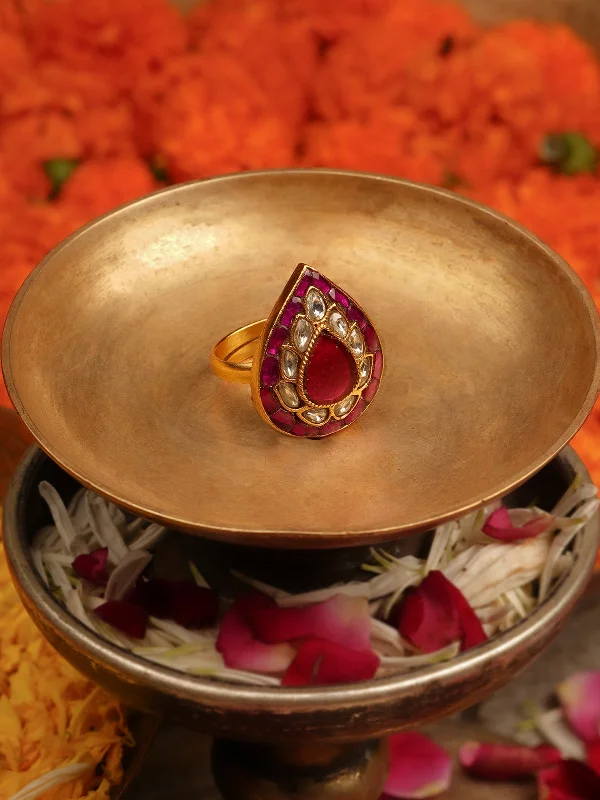 Men's Wedding Rings-Pink Color Gold Plated Jadau Kundan Ring - MRNG121