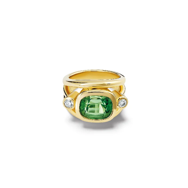 Black Gold Engagement Rings-Aeneus Roman Ring 18ct Yellow Gold - Soft Green Tourmaline & Diamond