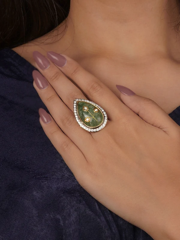 Large Gold Cocktail Rings-Green Color Gold Plated Contemporary Ring - CC-RNG17