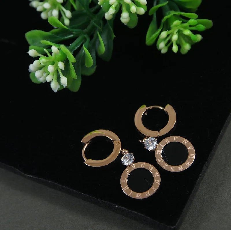 Mixed Metal Earrings-Tarohi JewelsStainless Steel Rosegold Plated Black Disc Round Shaped Hoops Earring-STNER 2869