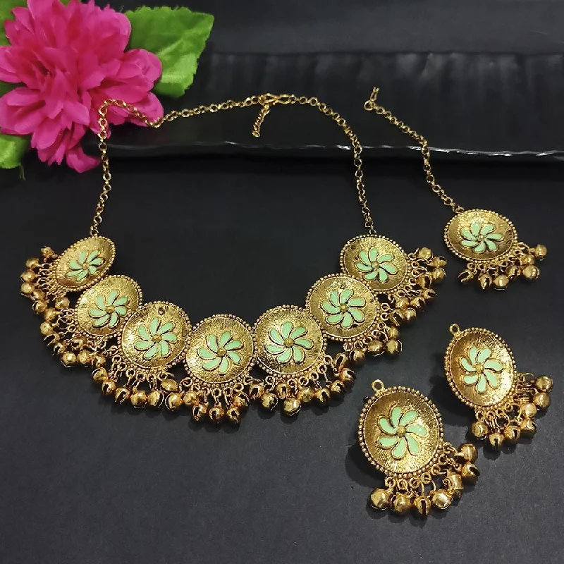 Vintage Necklace Sets-Kriaa Gold Plated Light Green Meenakari Necklace Set With Maang Tikka - 1116020F