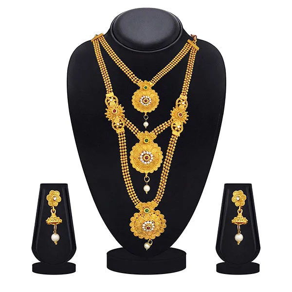 Sparkling Crystal Necklaces-Kriaa Gold Plated Maroon Green Stone Triple layer Necklace Set