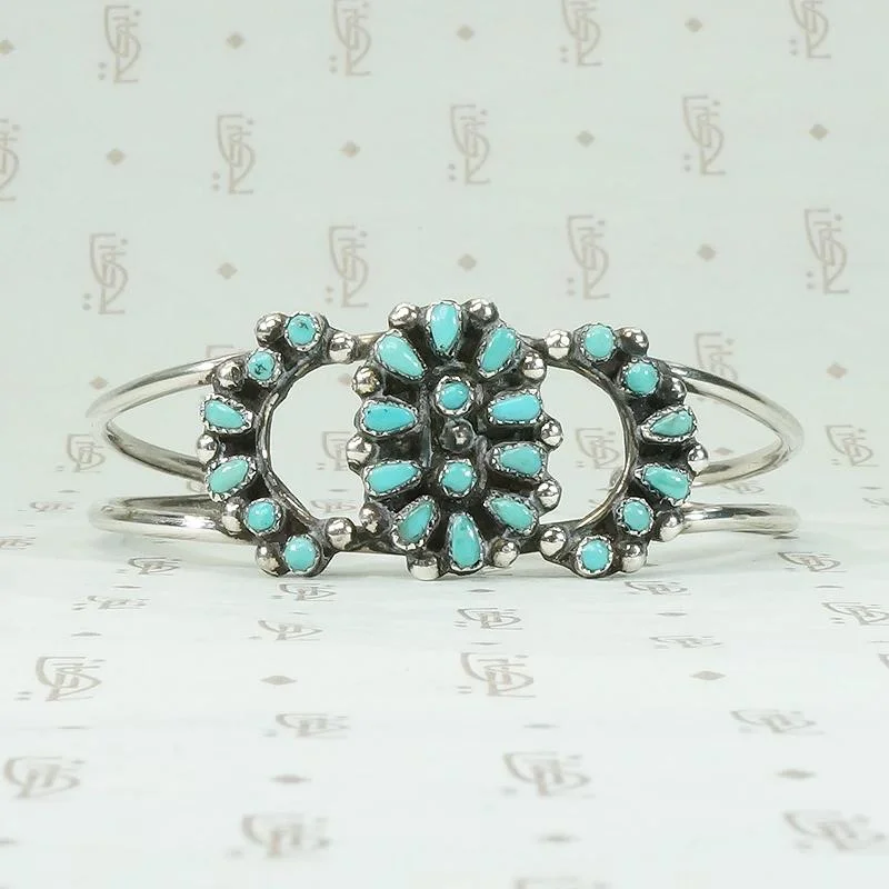 Minimalist Silver Bracelets-Petit Point Turquoise & Silver Cuff with Lunar Pattern