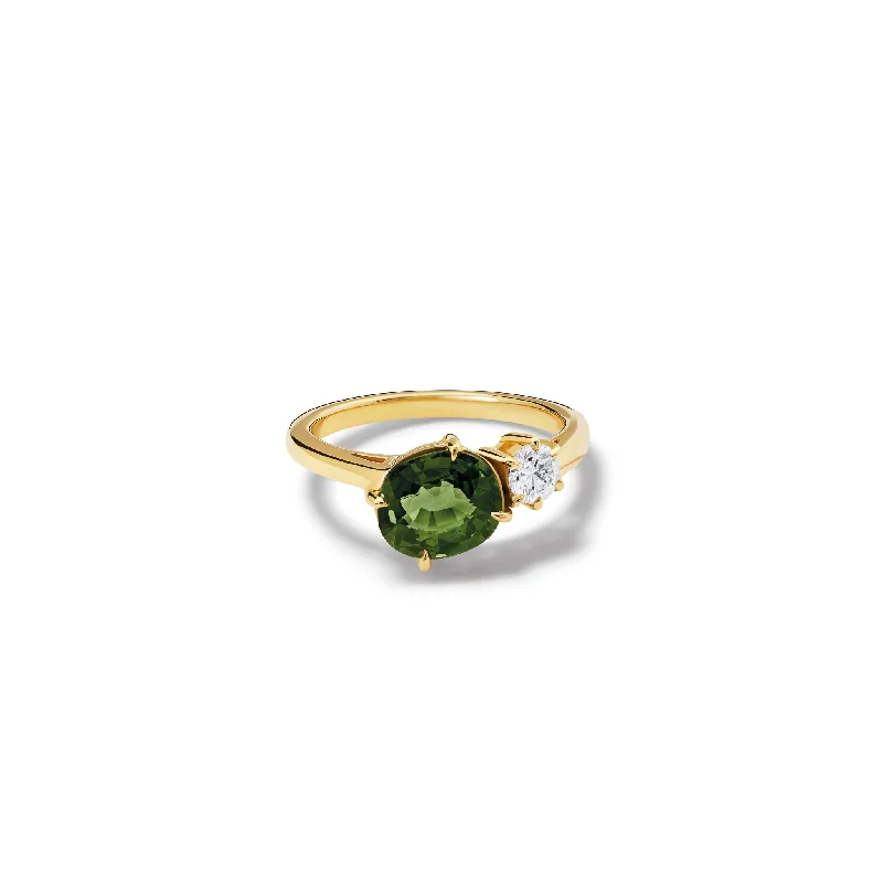 Simple Wedding Rings for Women-Toi et Moi Engagement Ring 18ct Yellow Gold - Green Sapphire & Diamond