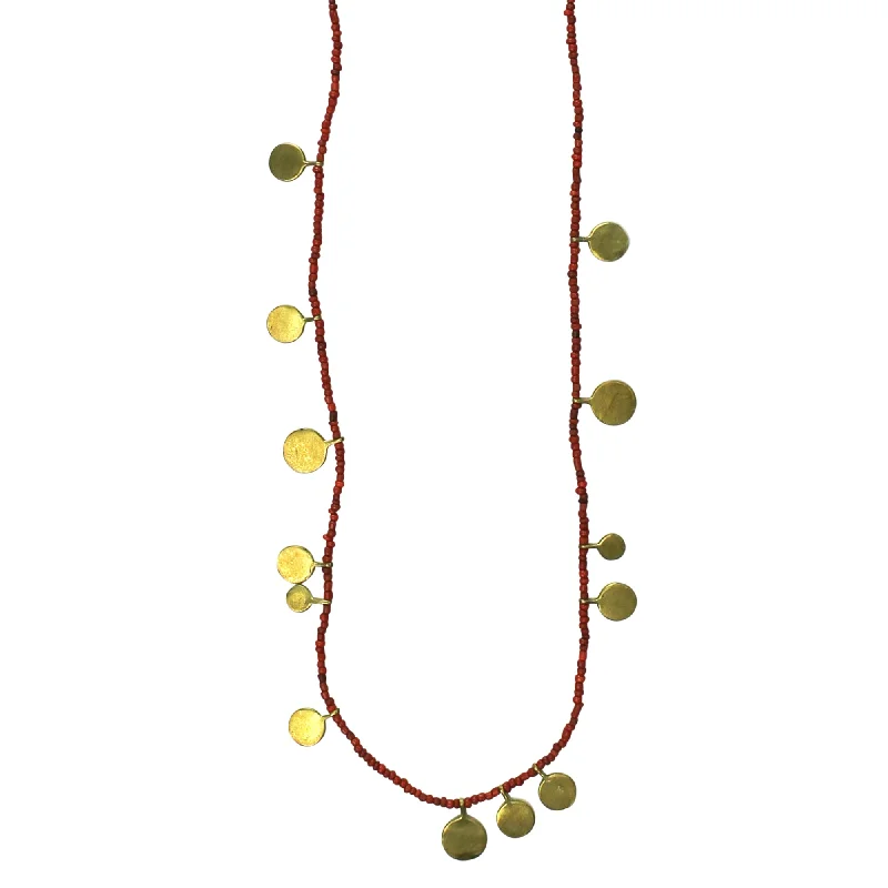 Fashionable Pendant Necklaces-Necklace, Brass Tabs on Red Beads