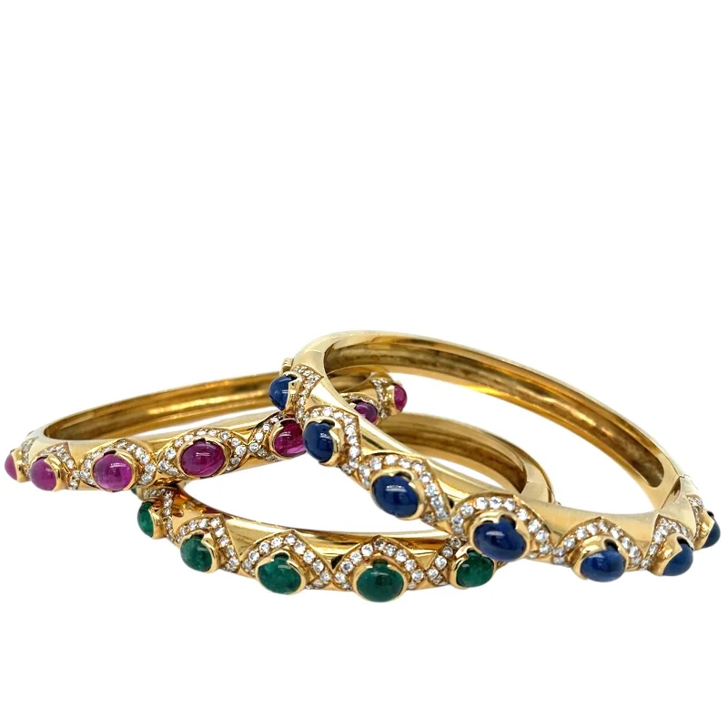 Customizable Leather Bracelets-Diamonds, Sapphire, Ruby, Emerald Gold Trio Of Bangle Bracelets