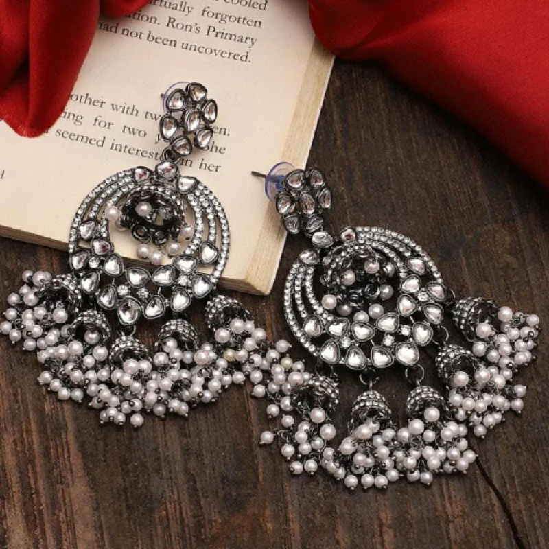 Chic Silver Dangle Earrings-Manisha Jewellery Oxidised Plated Austrian Stone And Pearls Jhumki Earrings