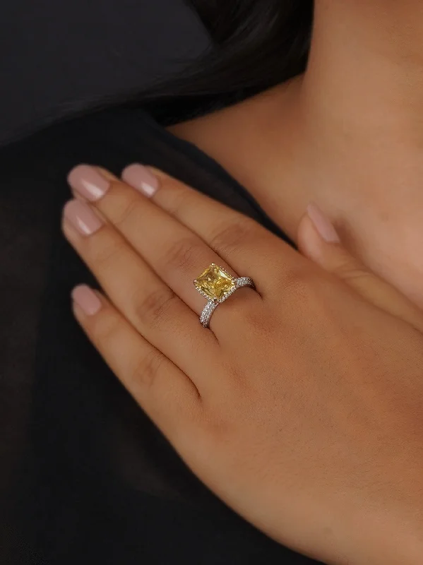 Large Statement Diamond Rings-Yellow Color Silver Plated Faux Diamond Ring - CZRNG102Y