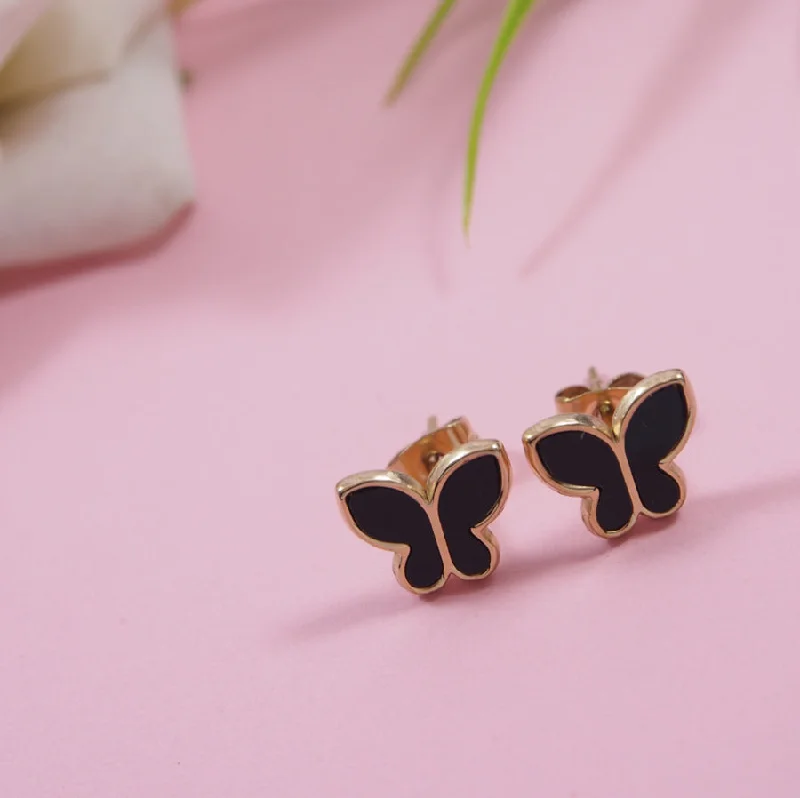 Multi-Strand Earrings-Tarohi Jewels Stainless Steel Rosegold Plated Black and White Pearl Butterfly Stud Earring- STNER 3860