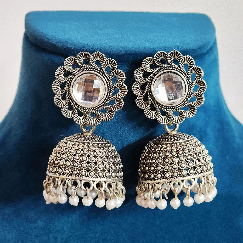 Sterling Silver Earrings-H K Fashion Oxidised Plated Crystal  Stone And Pearls Jhumki Earrings