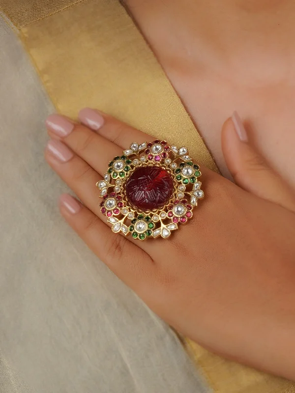 Handmade Gold Rings-Multicolor Gold Plated Jadau Kundan Ring - MRNG177M