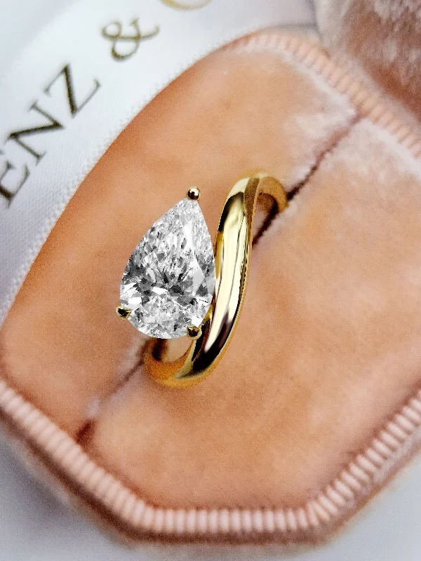 Custom Gold Signet Rings-2.00 Carat Lab Grown Pear Shaped Wave Diamond Engagement Ring in Yellow Gold