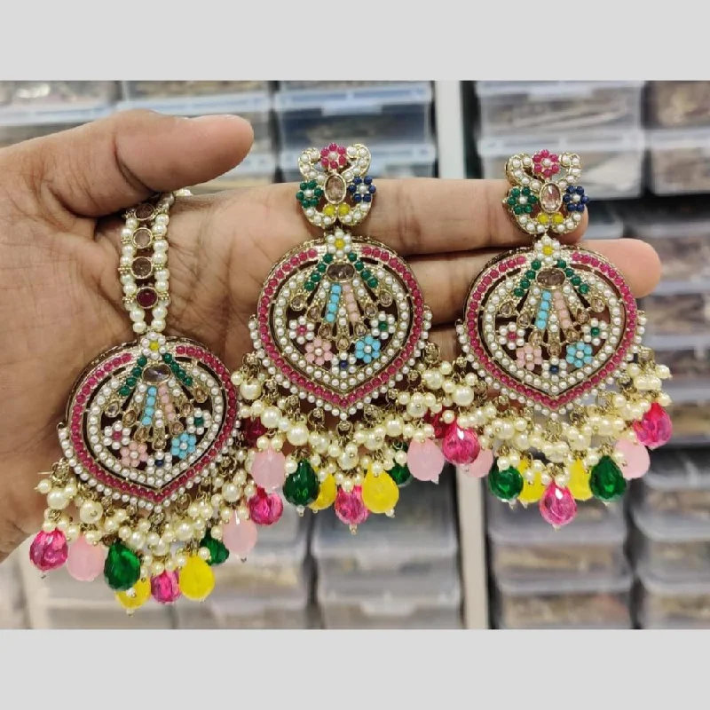 Golden Crystal Earrings-Manisha Jewellery Gold Plated Crystal Stone And Pearls Dangler Earrings With Maangtika