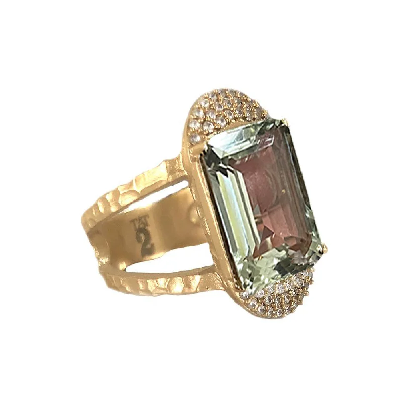 Unique Stackable Rings-GOLD KOSOR EMERALD CUT GREEN AMETHYST & CRYSTAL COCKTAIL RING