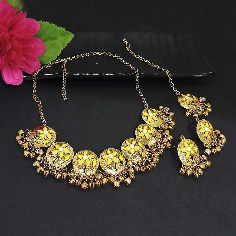 Antique Gold Necklaces-Kriaa Gold Plated Yellow Meenakari Necklace Set With Maang Tikka - 1116021B