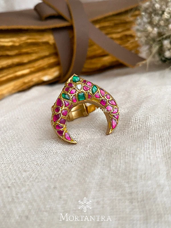 Dainty Gold Rings-Multicolor Gold Plated Thappa Jadau Kundan Ring - TJ-R18M