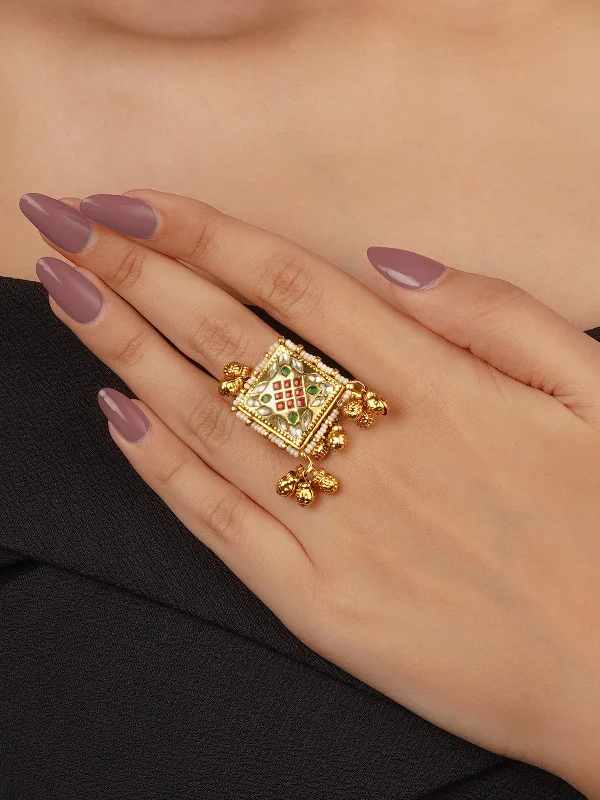 Rose Gold Engagement Rings-Multicolor Gold Plated Jadau Kundan Ring - MRNG189M