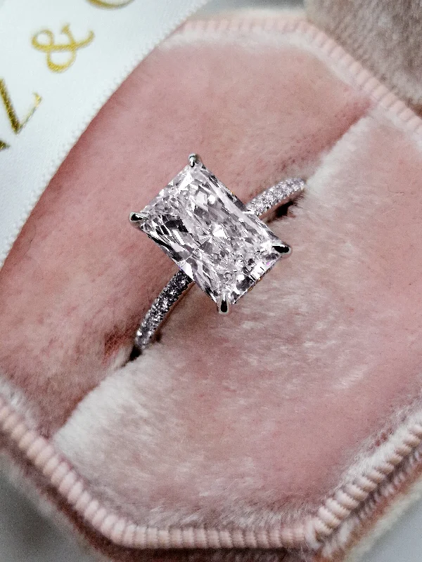 Rose Gold Solitaire Rings-2.90 Carats Lab Grown Radiant Cut Micropaved Side Stones Hidden Halo Diamond Engagement Ring