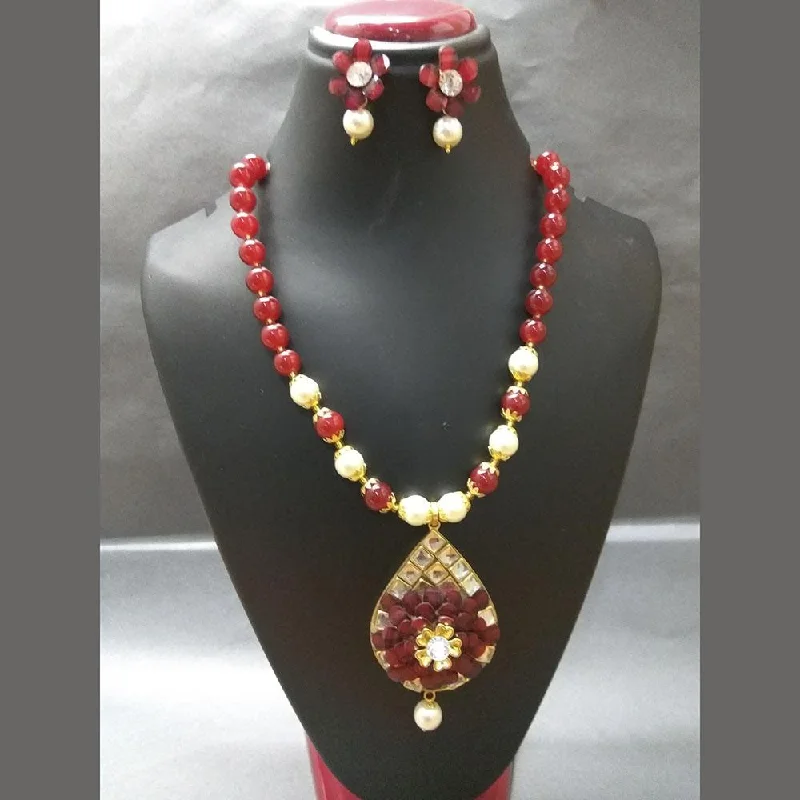 Beautiful Gemstone Necklaces-Kriaa Maroon Beads And Kundan Gold Plated Necklace Set - 2800323A