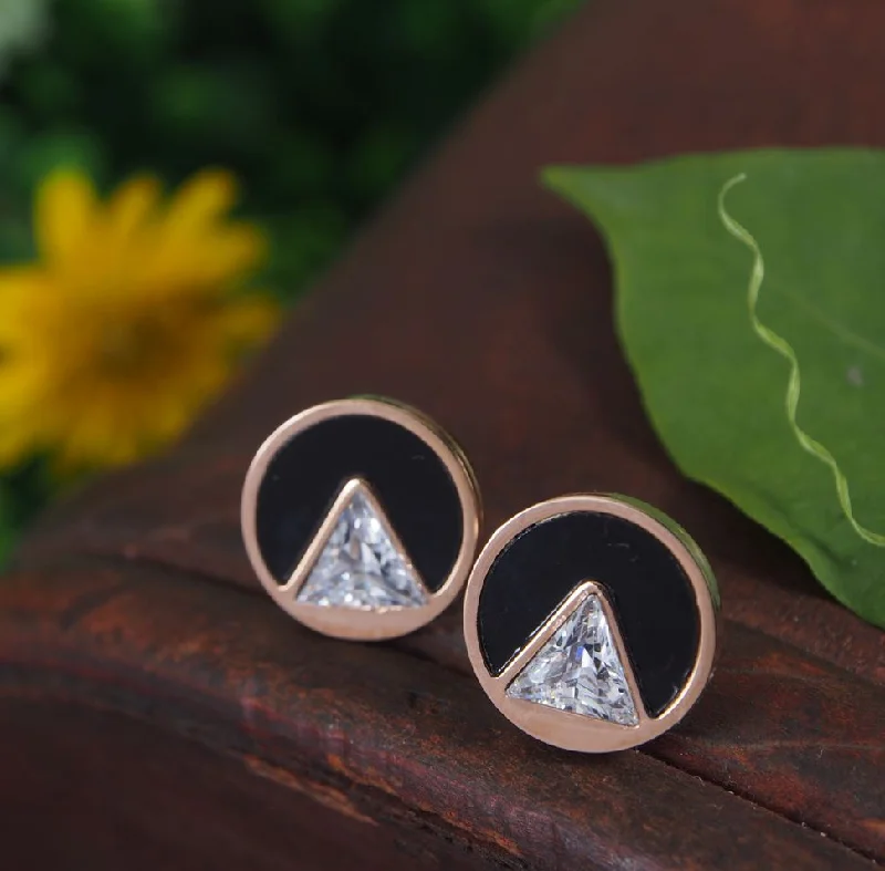 Multi-Layered Earrings-Tarohi JewelsStainless Steel Rosegold Plated Black Disc Inlaid Triangle Shaped CZ stud Earring-STNER 2906