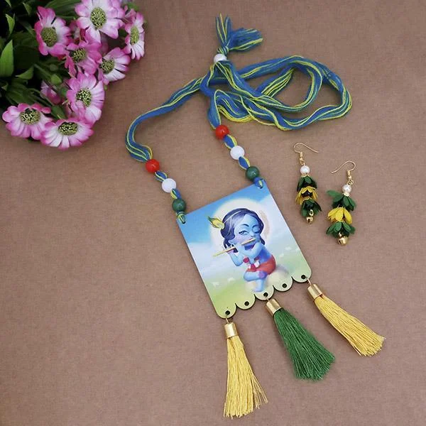 Green Turquoise Necklaces-Urthn Lord Krishna Digital Printed Wooden Necklace Set - 1114141