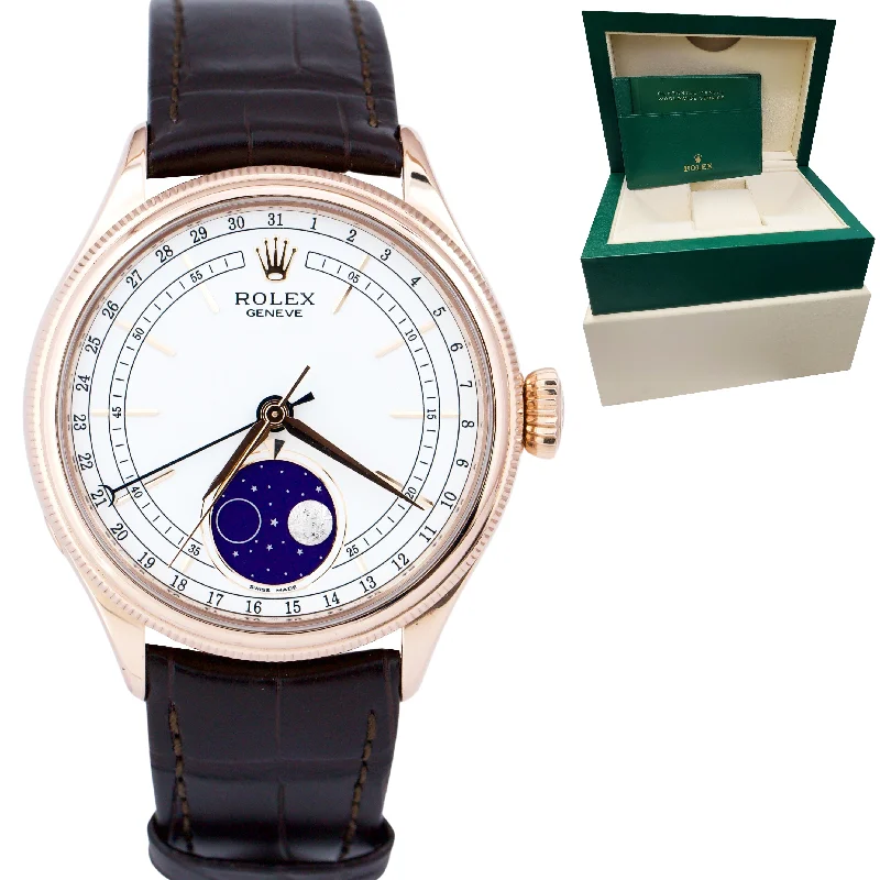 Solar-Powered Watches with Time Zones-Rolex Cellini Moonphase White Dial 18K Everose Gold 39mm Leather 50535 Watch