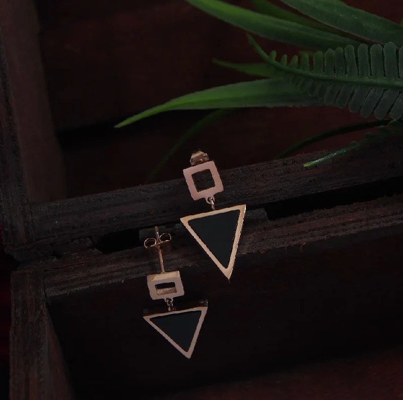 Elegant Stud Earrings-Tarohi JewelsStainless Steel Rosegold Plated Inlaid Black Triangle Shaped Drop Earring-STNER 2907