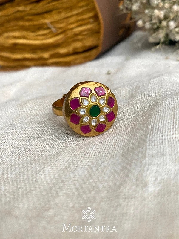 Unique Promise Rings-Multicolor Gold Plated Thappa Jadau Kundan Ring - TJ-R41M