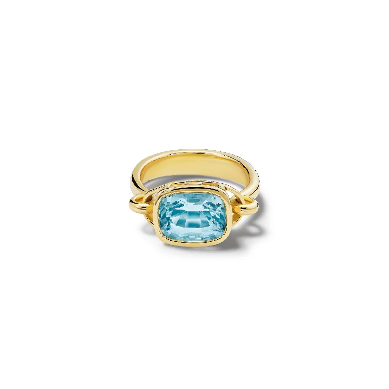 Custom Rose Gold Rings-Baguette Ring 18ct Yellow Gold - Facetted Aquamarine