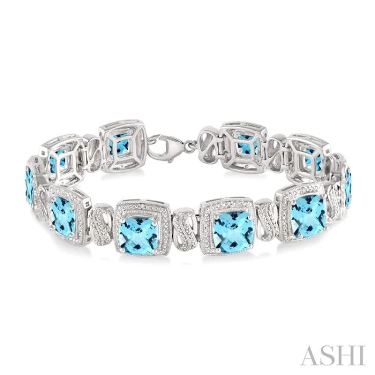 Gemstone Wrap Bracelets-7x7 mm Cushion Cut Blue Topaz and 1/10 Ctw Single Cut Diamond Square Shape Bracelet in Sterling Silver