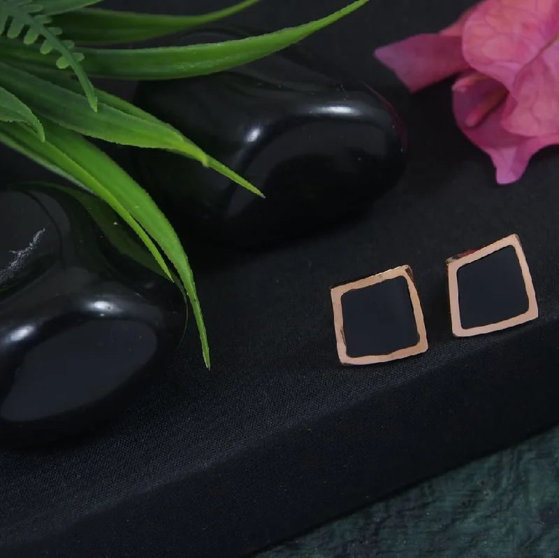 Fashionable Gold Earrings-Tarohi Jewels Stainless Steel Rosegold Plated Black Square Shaped Stud Earring-STNER 2860