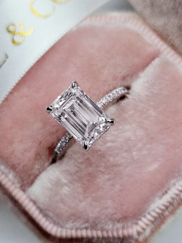 Emerald-Cut Diamond Rings-3.42 Carats Lab Grown Emerald Cut Micropaved Side Stones Hidden Halo Diamond Engagement Ring