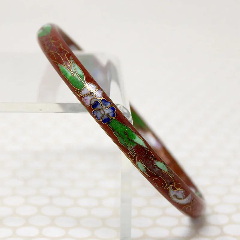 Luxury Gold Bracelets-Pretty Red Cloisonné Bangle with Pink & Blue Flowers