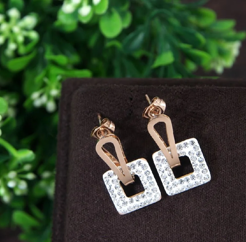 Antique Gold Earrings-Tarohi Jewels Stainless Steel Rosegold Plated Square Shaped White Coloured Earring-STNER 2767