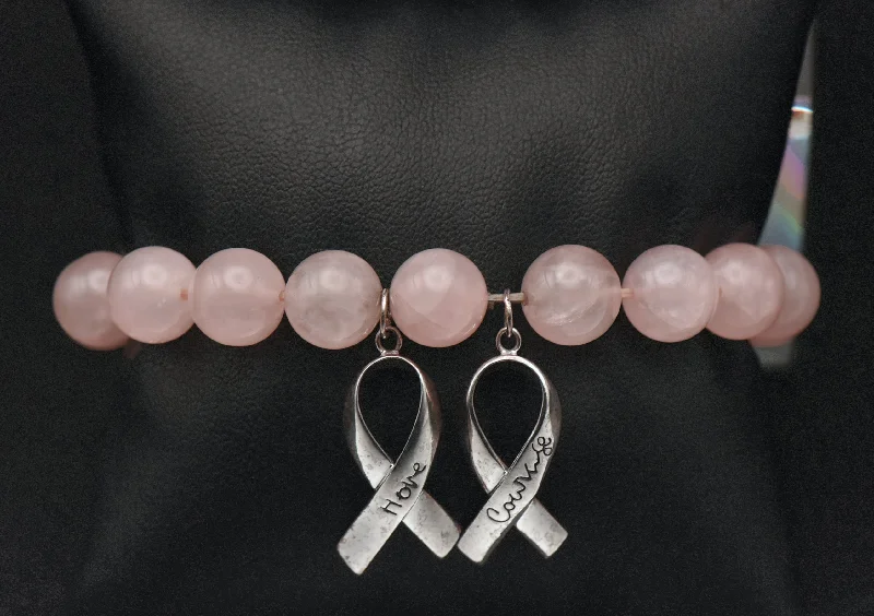 Designer Charm Bangles-Vintage Rose Quartz Beaded Breast Cancer Awareness Sterling Silver Bracelet