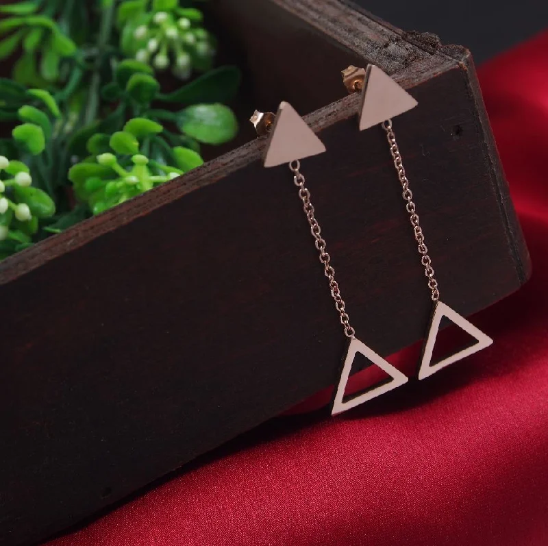 Bright Silver Earrings-Tarohi Jewels Stainless Steel Rosegold Plated Triangle Shaped Chain Dangler Earring-STNER 2879