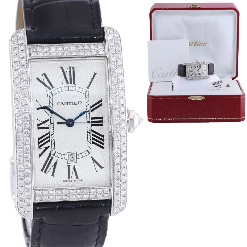 Smart Watches for iPhone Users-Ladies Cartier Tank Americaine XL 18k White Gold Diamond Leather Watch 2521 Box