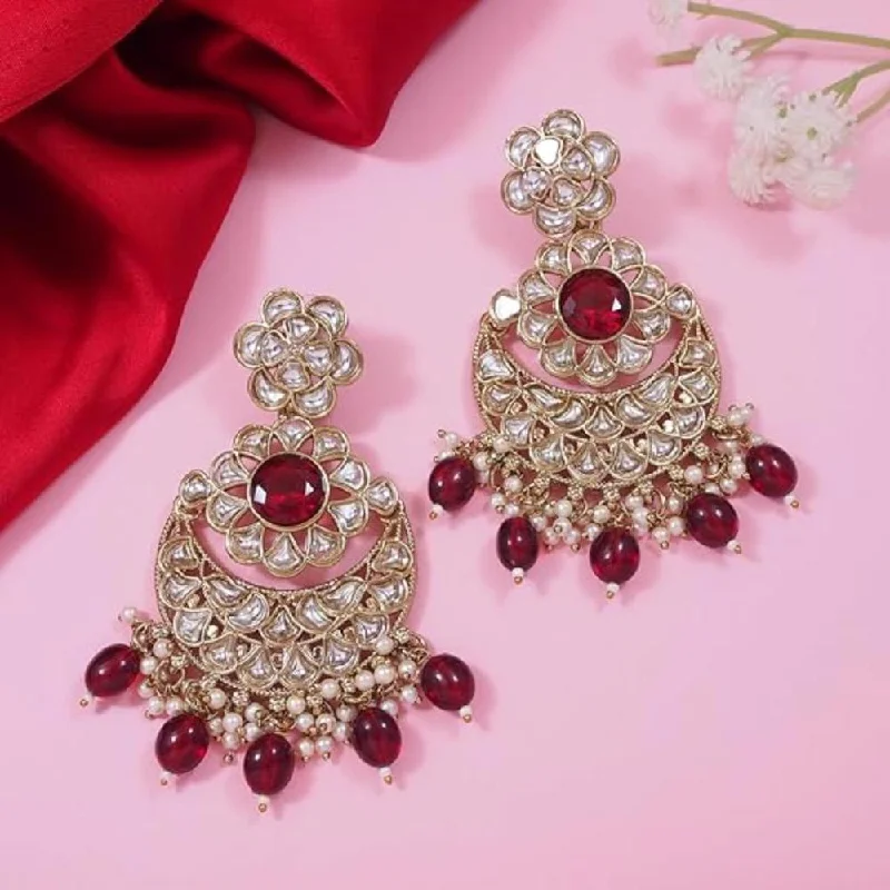 Chic Silver Hoops-Etnico Gold Plated Traditional Handcrafted Kundan Pearl Floral Design Earrings For Women (Maroon)