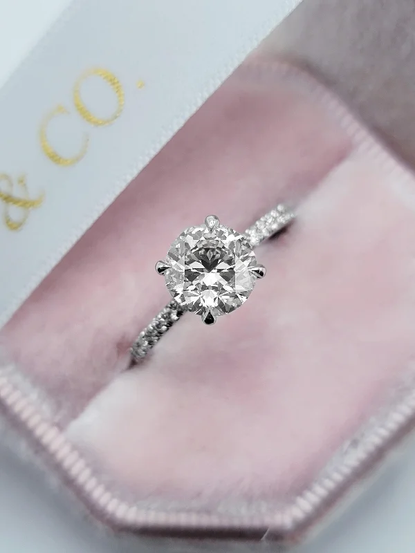 White Gold Engagement Rings-2.05 Carats Lab Grown Round Brilliant Cut Micropave Side Stones Hidden Halo Diamond Engagement Ring