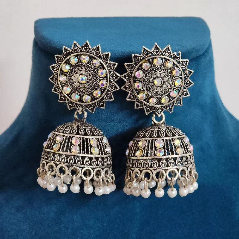 Party Earrings for Women-H K Fashion Oxidised Plated Austrian Stone And Pearls Jhumki Earrings