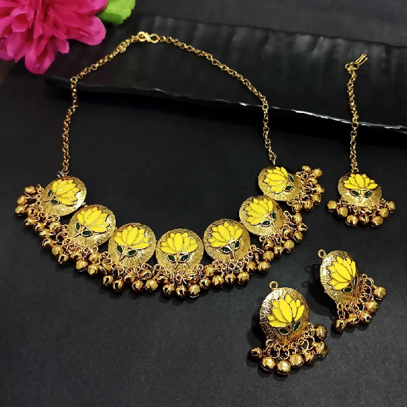 Custom Gemstone Necklaces-Kriaa Gold Plated Yellow Meenakari Necklace Set With Maang Tikka - 1116022B