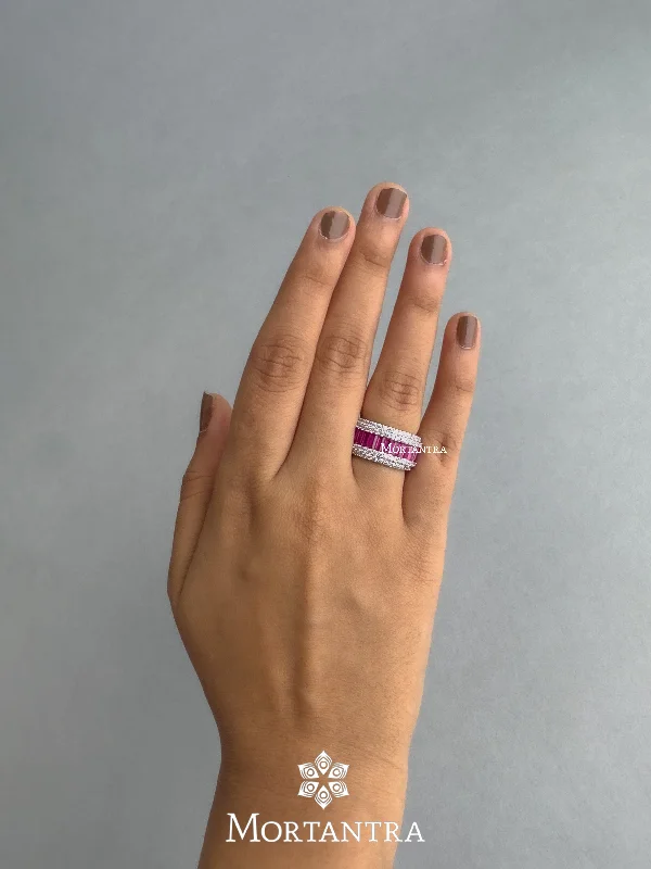 Minimalist Silver Rings-Pink Color Silver Plated Faux Diamond Ring - CZRNG75P