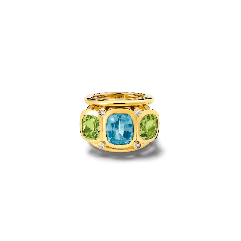 Simple Gold Rings for Women-Ozymandias Ring 18ct Yellow Gold - Aquamarine, Peridot & Diamond